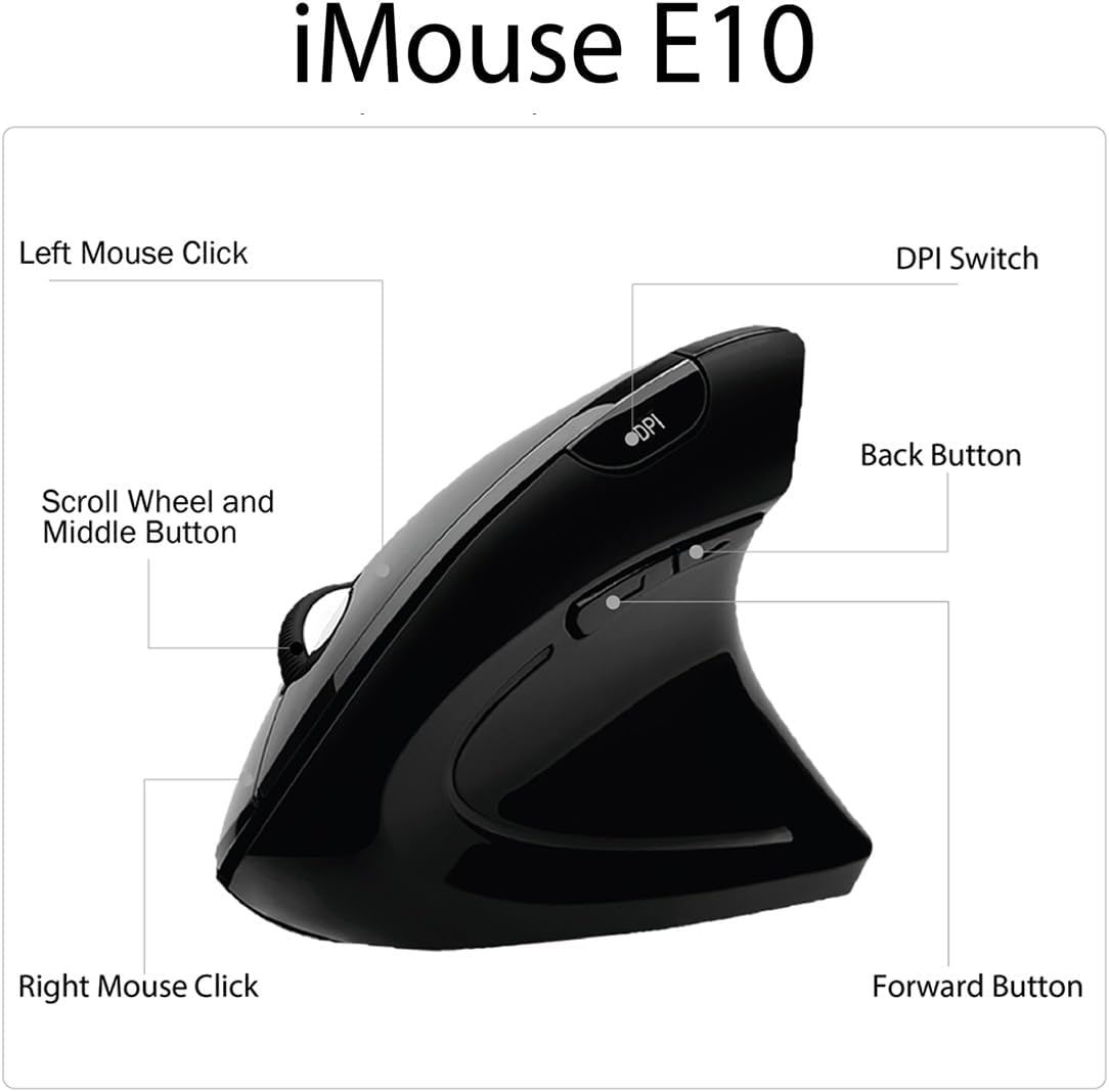 iMouse E10 - Vertical Ergonomic Optical 6-Button 2.4 GHz RF Wireless Mouse - Right Hand Orientation, Black