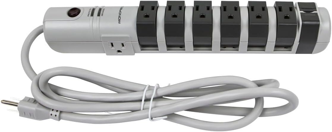 Monoprice 8 Outlet Rotating Surge Strip - UL Rated 2,160 Joules with Grounded and Protected Light Indicator, Gray