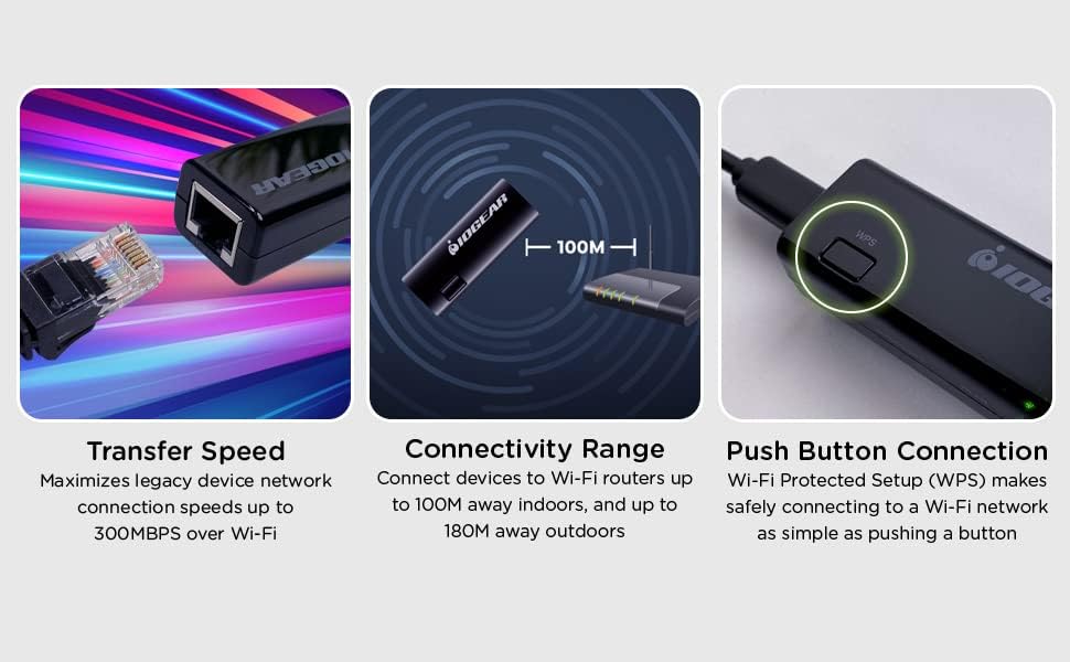 IOGEAR Universal Ethernet to Wi-Fi N Adapter - Speeds of up to 300Mbps on 2.4GHz - Push-button Wi-Fi Protected Setup (WPS)