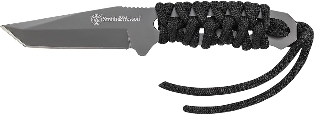 Smith & Wesson SW910TAM 5.9in High Carbon S.S. Full Tang Neck Knife with a 2.8in Tanto Blade and Paracord Handle for Outdoor