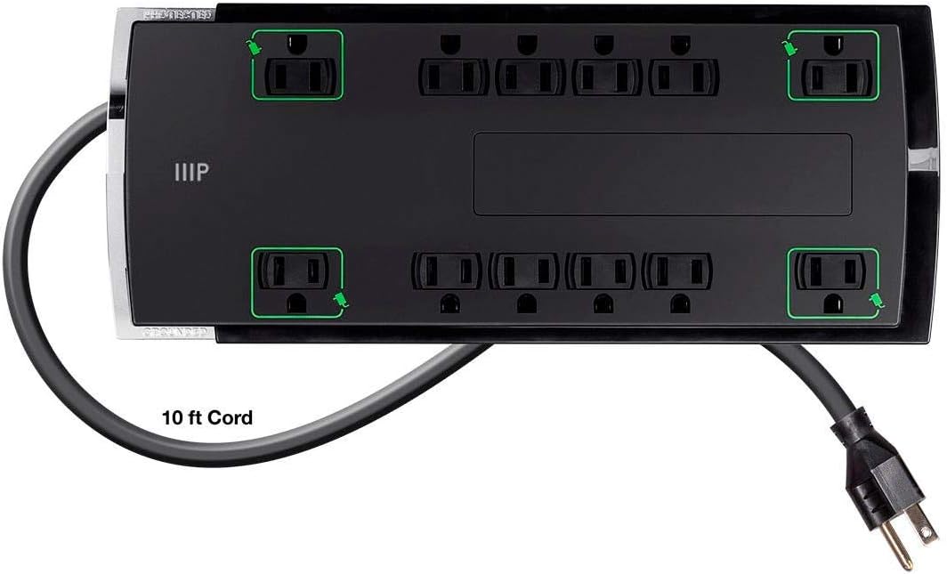Monoprice 12 Outlet Slim Surge Protector Power Strip - 10 Feet - Black | Heavy Duty Cord | UL Rated, 4
