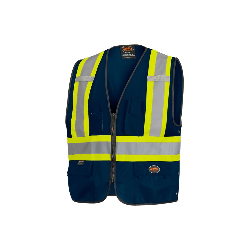 Pioneer Hi-Vis Reflective Safety Vest, Solid Neon, 8 Pockets, Zipper, Adjustable
