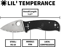 Spyderco Lil' Temperance 3 Lightweight Pocket Knife - SpyderEdge VG-10 Steel Blade with Bi-Directional Textured FRN Handle - An Everyday Carry Folding Knife - C69SBK3