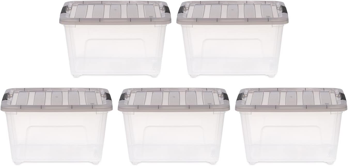 IRIS USA 5 Pack 32 Quart Stack & Pull™ Clear Plastic Storage Box with Buckles, Gray