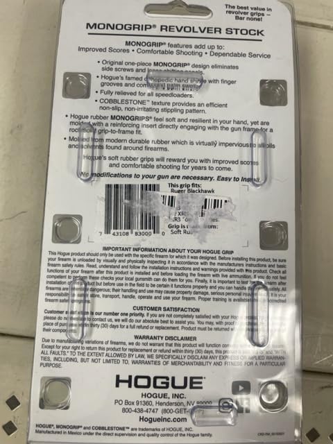 Hogue Rubber Monogrip Revolver Stock with Finger Grooves for Ruger Blackhawk/Single Six, Black - 83000