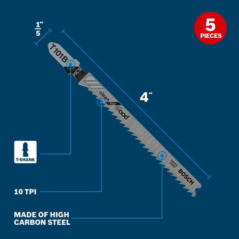 Bosch T101B 5 pc. 4 in. 10 TPI Variable Pitch Clean for Wood T-Shank Jig Saw Blades