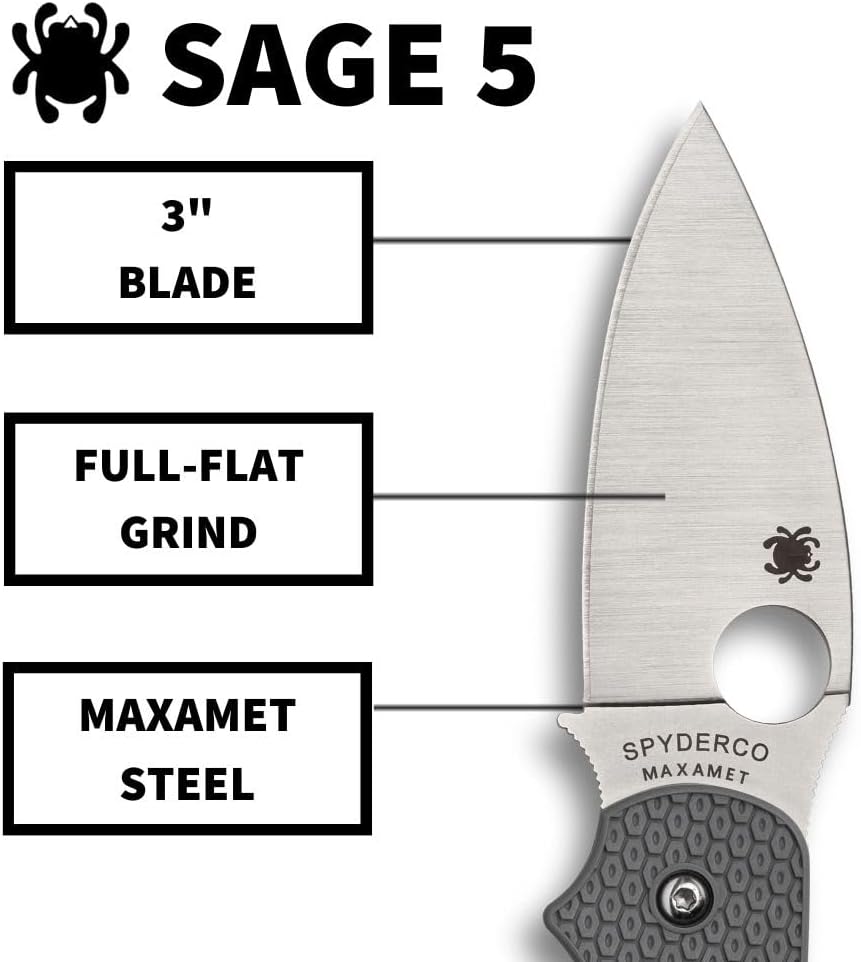 Spyderco Sage 5 Lightweight Maxamet Folding Utility Pocket Knife with Black FRN Handle and Full-Flat Maxamet Steel Blade