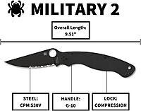 Spyderco Military 2 Folding Pocket Knife with 4 Inch Black CPM S30V Steel Blade and G-10 Handle - CombinationEdge - C36GPSBK2