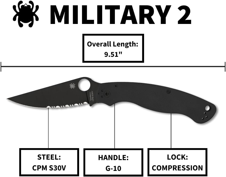 Spyderco Military 2 Folding Pocket Knife with 4 Inch Black CPM S30V Steel Blade and G-10 Handle - CombinationEdge - C36GPSBK2