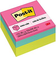 Post-it Notes Cube, 3 in. x 3 in., Bright Colors, Power Pink, Aqua Splash, Acid Lime, 400 Sheets/Cube, 1 Cube/Pack