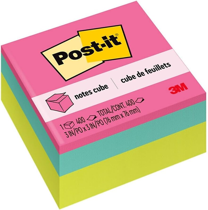 Post-it Notes Cube, 3 in. x 3 in., Bright Colors, Power Pink, Aqua Splash, Acid Lime, 400 Sheets/Cube, 1 Cube/Pack