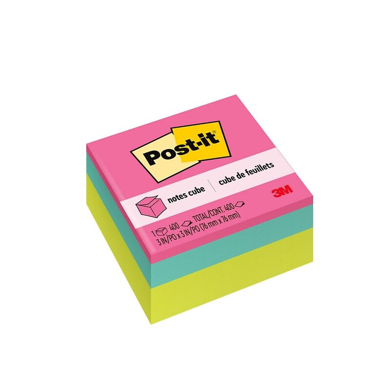 Post-it Notes Cube, 3 in. x 3 in., Bright Colors, Power Pink, Aqua Splash, Acid Lime, 400 Sheets/Cube, 1 Cube/Pack