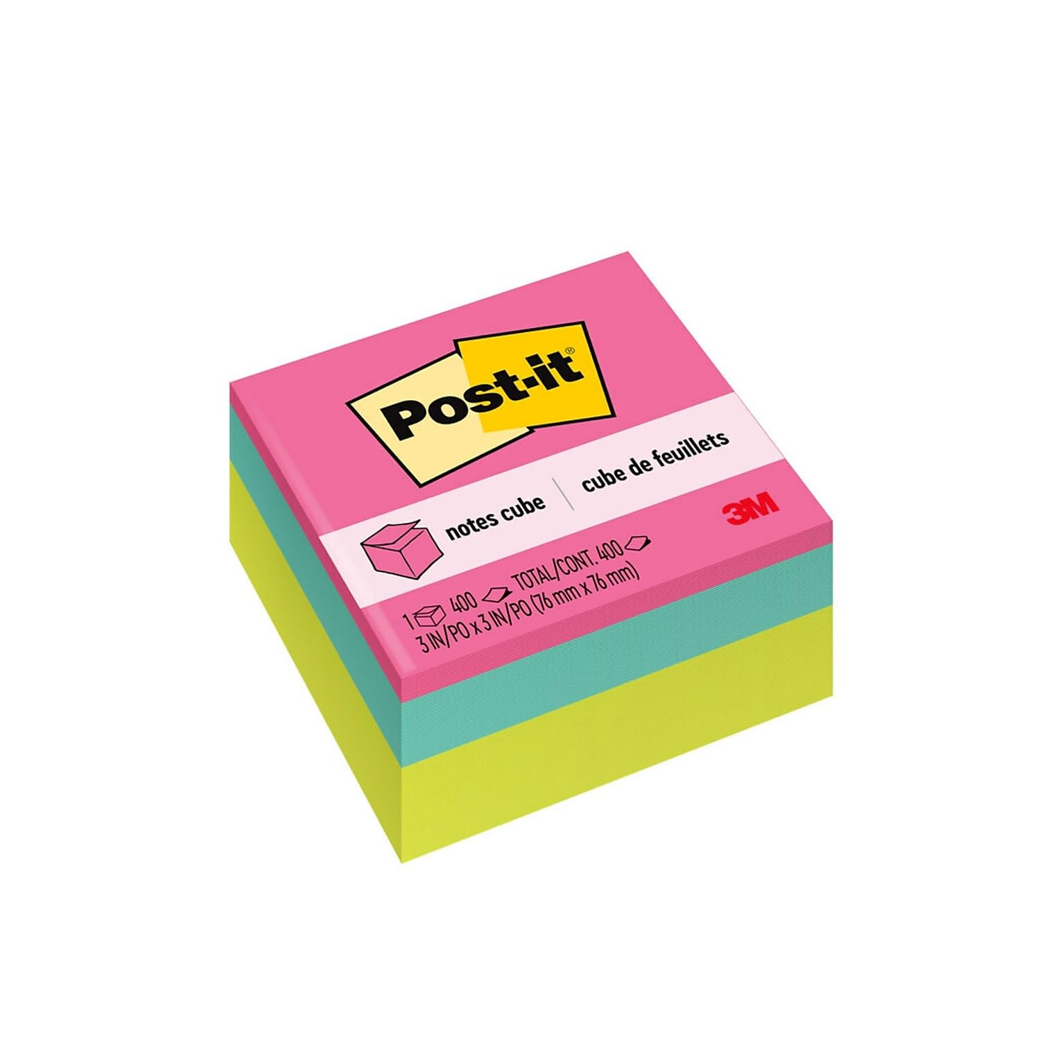 Post-it Notes Cube, 3 in. x 3 in., Bright Colors, Power Pink, Aqua Splash, Acid Lime, 400 Sheets/Cube, 1 Cube/Pack