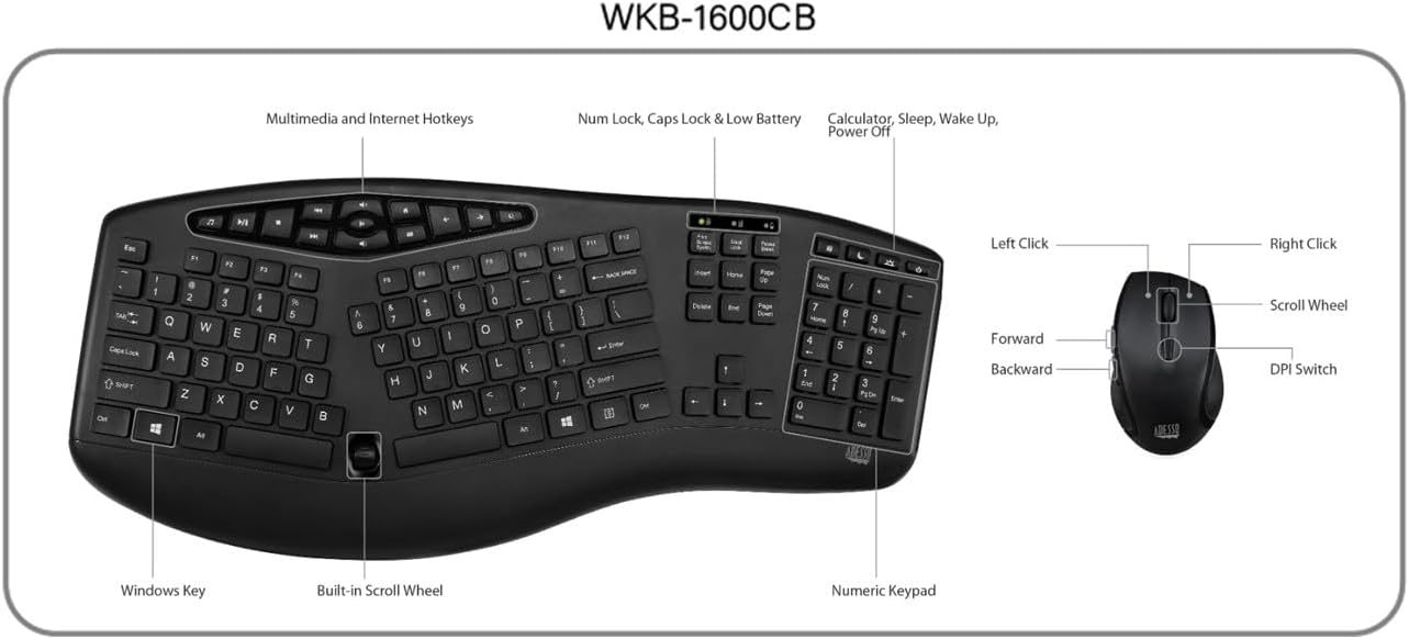 WKB-1600CB TruForm Media Wireless Ergonomic Keyboard & Optical Mouse Combo with 2.4 GHz RF, Split Design