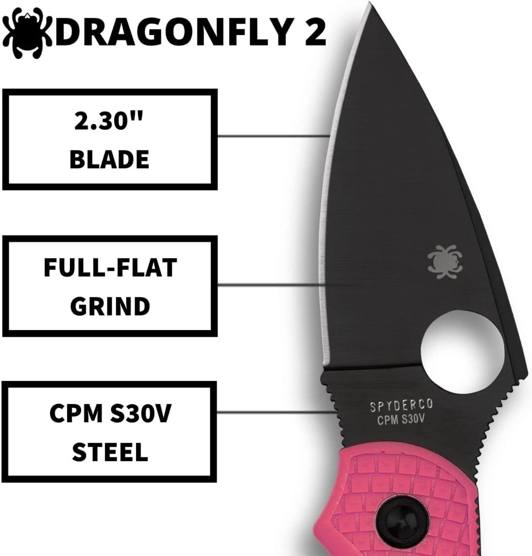 Spyderco Dragonfly 2 Lightweight EDC Folding Pocket Knife with 2.30" Black Steel Blade and Pink FRN Handle