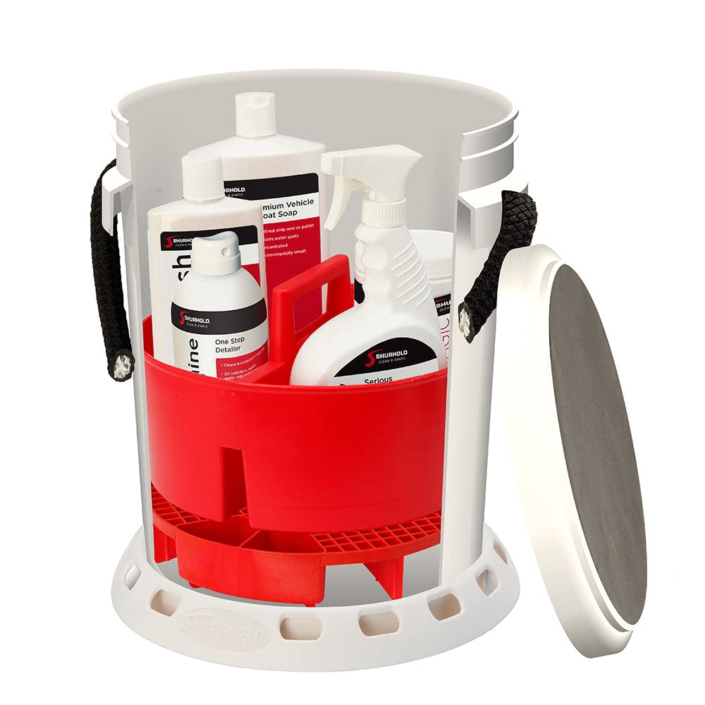 Shurhold 5 Gallon White Bucket Kit - Includes Bucket, Caddy, Grate Seat, Buff Magic, Pro Polish Brite Wash