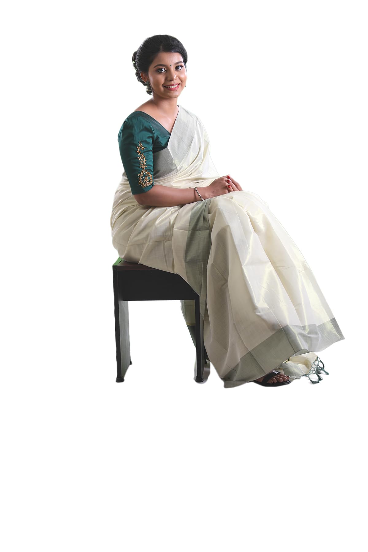 ALLUVY Kuthampully Kerala Saree |Traditional South Indian Sarees |Onam Tissue Kasavu Saree |Authentic South Cultural Sarees | Women's Plain Zari Kasavu | EKM-776 (Dark Green)