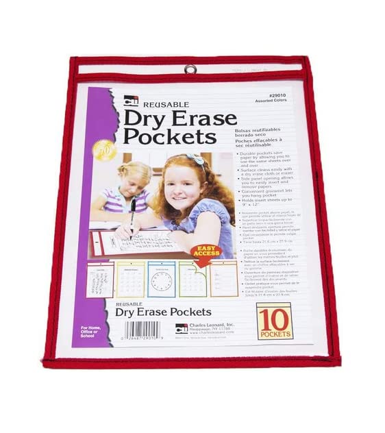 Charles Leonard - Reusable Clear Dry Erase Pockets, Holds Worksheets Up To 9 x 12 Inches, Assorted Colored Piping