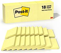 Post-it Notes, 3 in x 3 in, 18 Sticky Notes Pads, 100 Sheets per Pad, The Iconic Canary Yellow Note