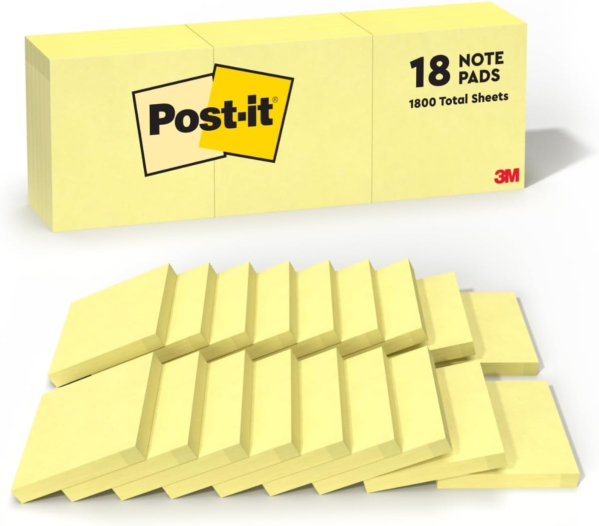 Post-it Notes, 3 in x 3 in, 18 Sticky Notes Pads, 100 Sheets per Pad, The Iconic Canary Yellow Note