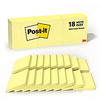 Post-it Notes, 3 in x 3 in, 18 Sticky Notes Pads, 100 Sheets per Pad, The Iconic Canary Yellow Note