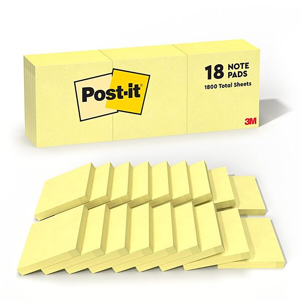 Post-it Notes, 3 in x 3 in, 18 Sticky Notes Pads, 100 Sheets per Pad, The Iconic Canary Yellow Note