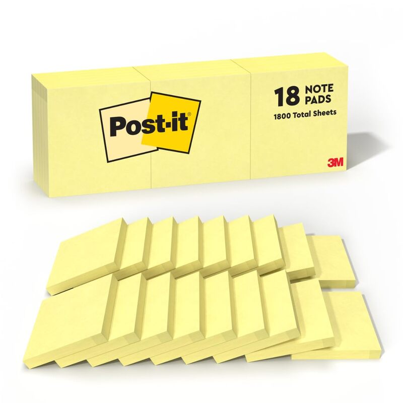 Post-it Notes, 3 in x 3 in, 18 Sticky Notes Pads, 100 Sheets per Pad, The Iconic Canary Yellow Note