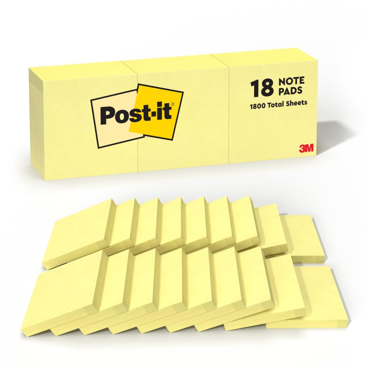 Post-it Notes, 3 in x 3 in, 18 Sticky Notes Pads, 100 Sheets per Pad, The Iconic Canary Yellow Note