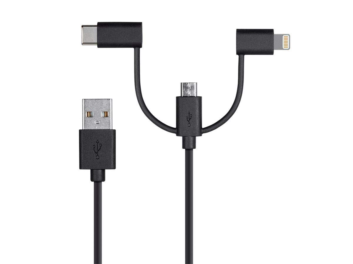 Monoprice 118789 Apple MFi Certified USB to Micro USB + USB Type-C + Lightning Charge And Sync Cable - 3 Feet - Black 1 Count