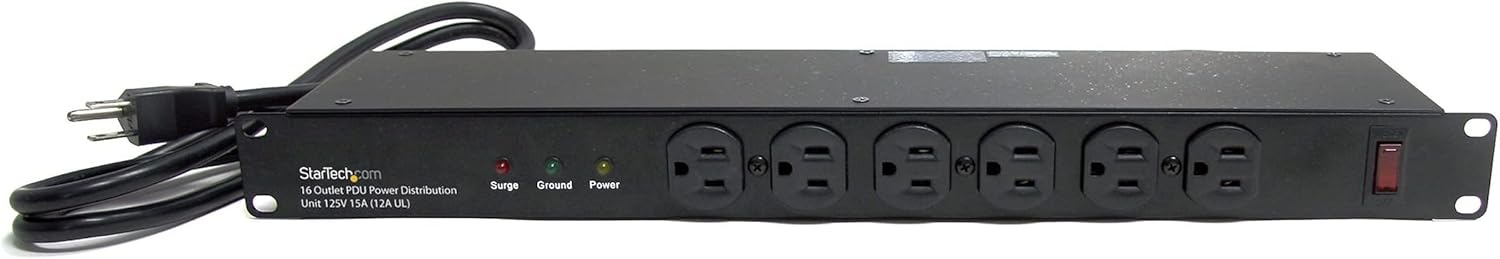 StarTech.com 16 Outlet Horizontal 1U Rack Mount PDU Power Strip for Network Server Racks - Surge Protection - 120V/15A