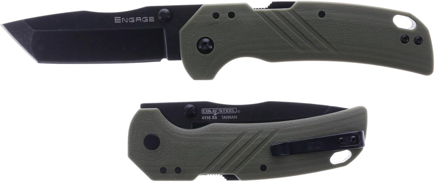 COLD STEEL Engage 3" 4116SS Razor-Sharp Tanto Point Blade 4.25" GFN Handle Everyday Carry Tactical Folding Knife with Atlas