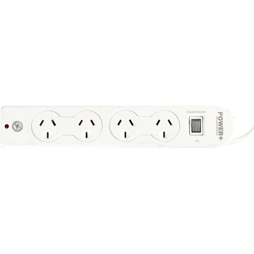 Italplast Power+ 4 Outlet Powerboard Master Switch Surge And Overload Protection White