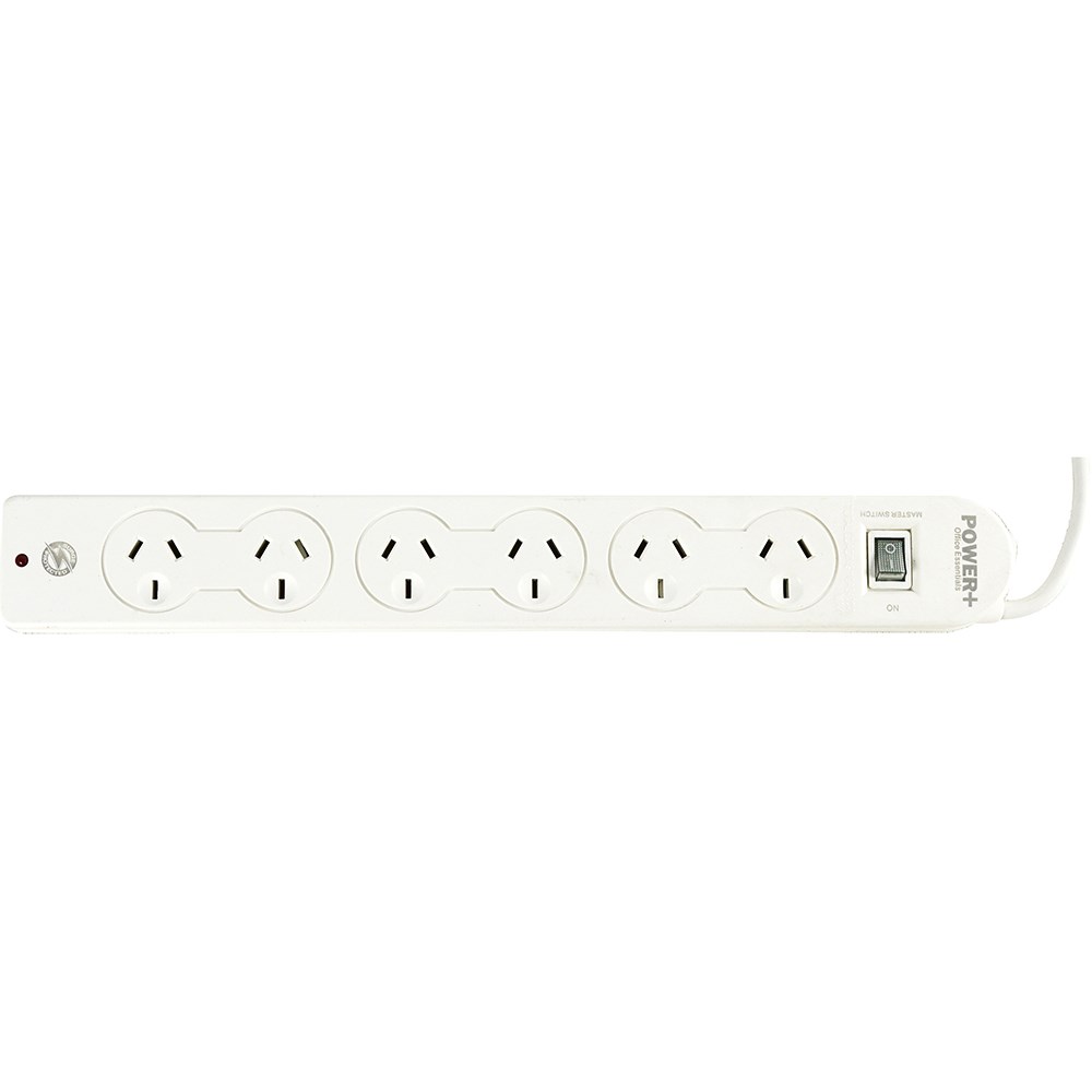 Italplast Power+ 6 Outlet Powerboard Master Switch Surge And Overload Protection White