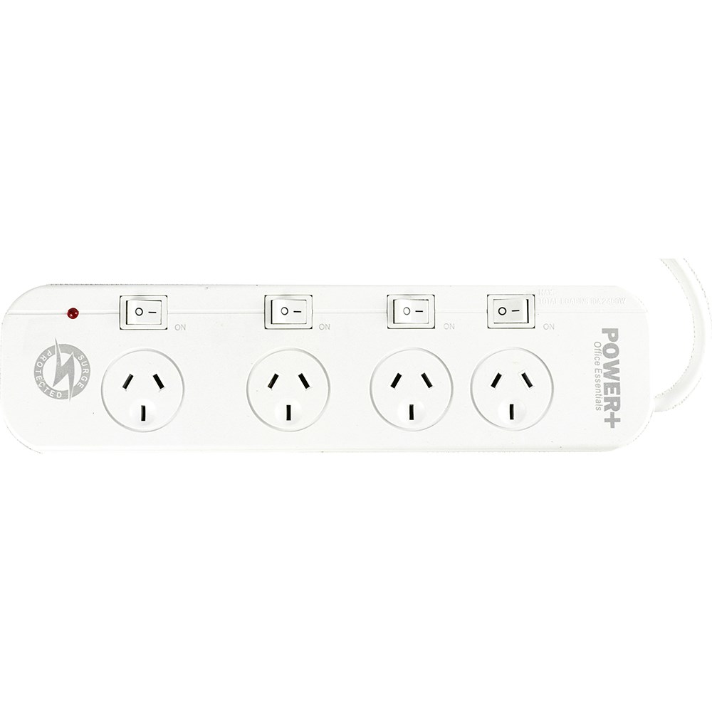 Italplast Power+ 4 Outlet Powerboard Individual Switches Surge & Overload Protection