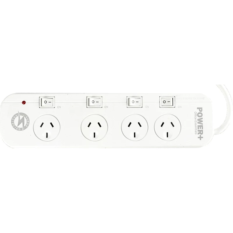 Italplast Power+ 4 Outlet Powerboard Individual Switches Surge & Overload Protection