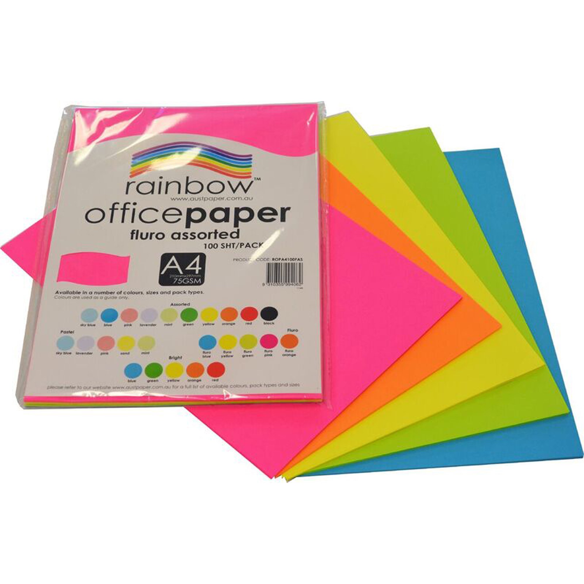 Rainbow Office Copy Paper A4 75gsm Fluoro Assorted Pack  of 100