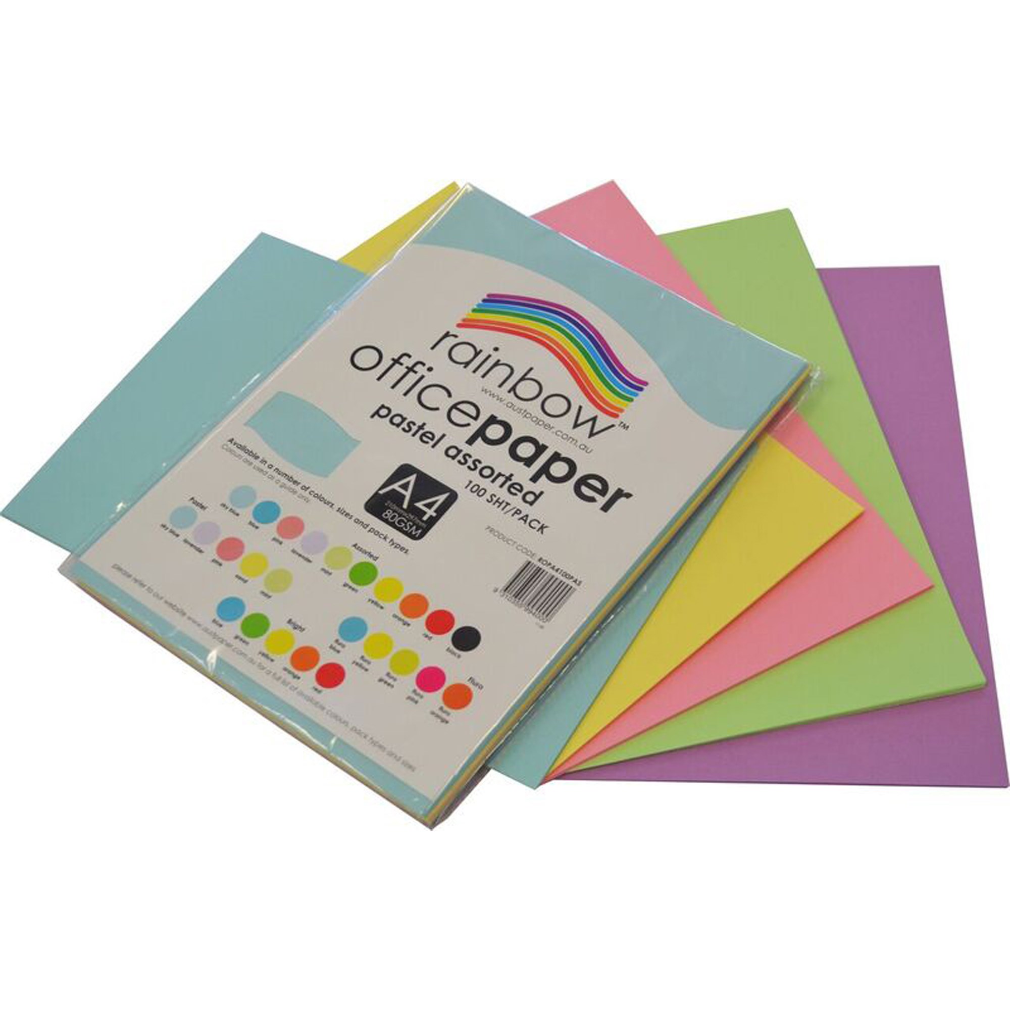 Rainbow Office Copy Paper A4 80gsm Pastel Assorted Pack  of 100