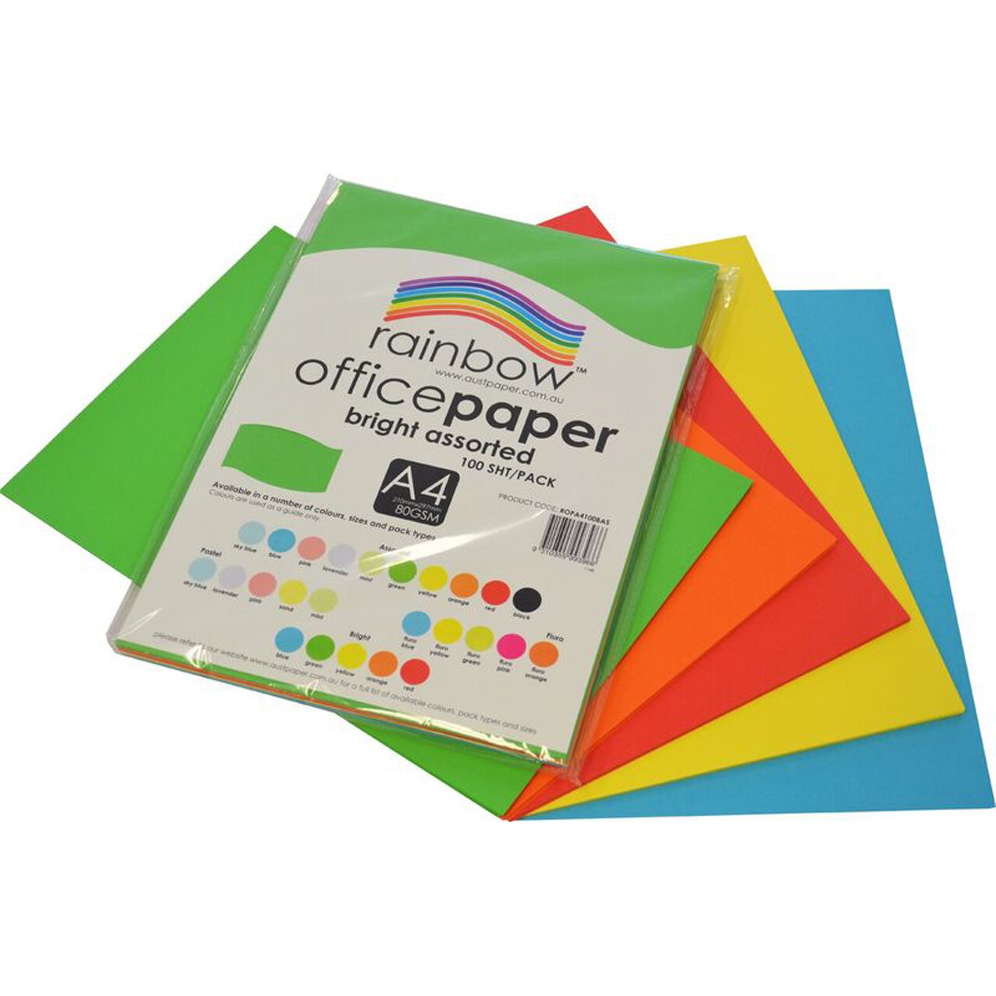 Rainbow Office Copy Paper A4 80gsm Bright Assorted Pack  of 100