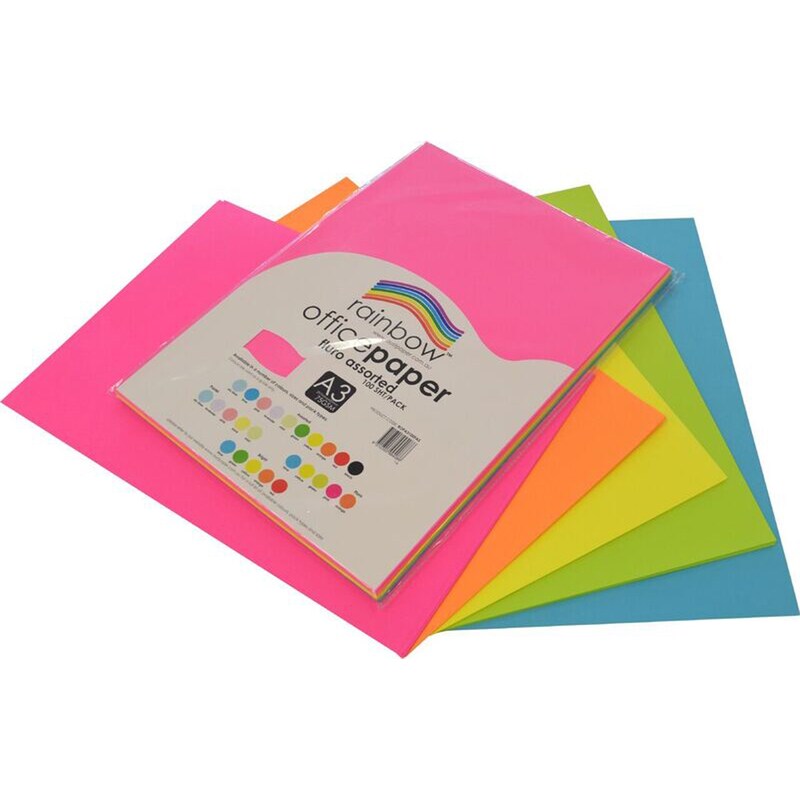 Rainbow Office Copy Paper A3 75gsm Fluoro Assorted Pack  of 100