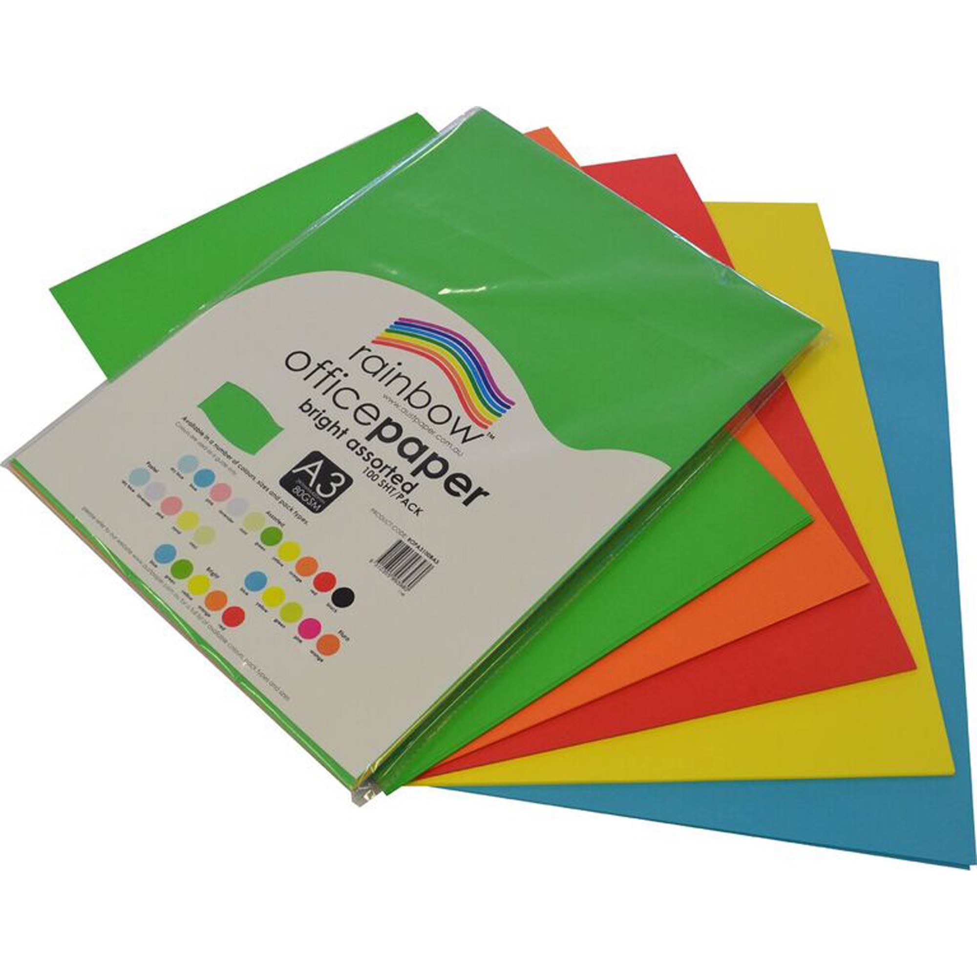 Rainbow Office Copy Paper A3 80gsm Bright Assorted Pack  of 100
