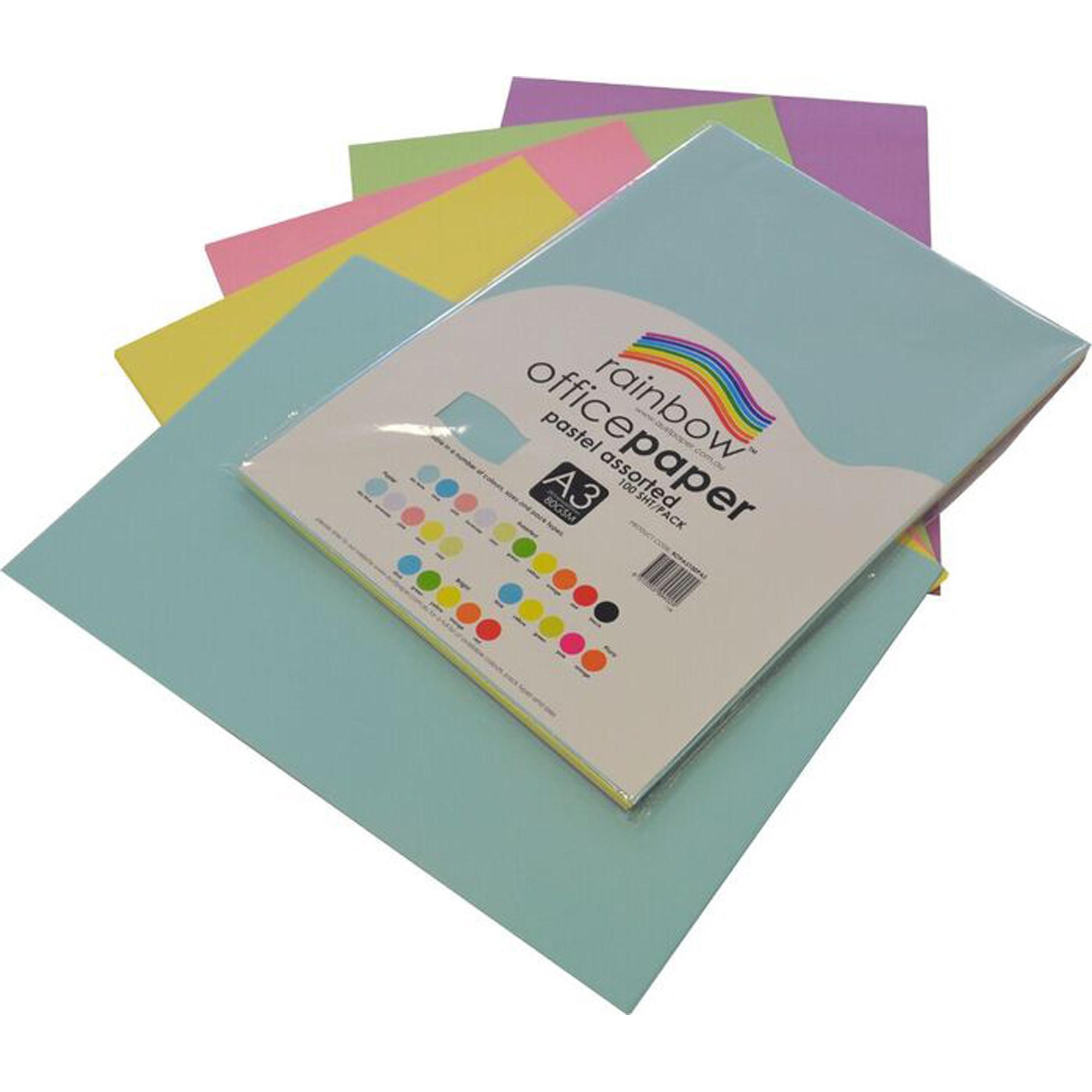 Rainbow Office Copy Paper A3 80gsm Pastel Assorted Pack  of 100