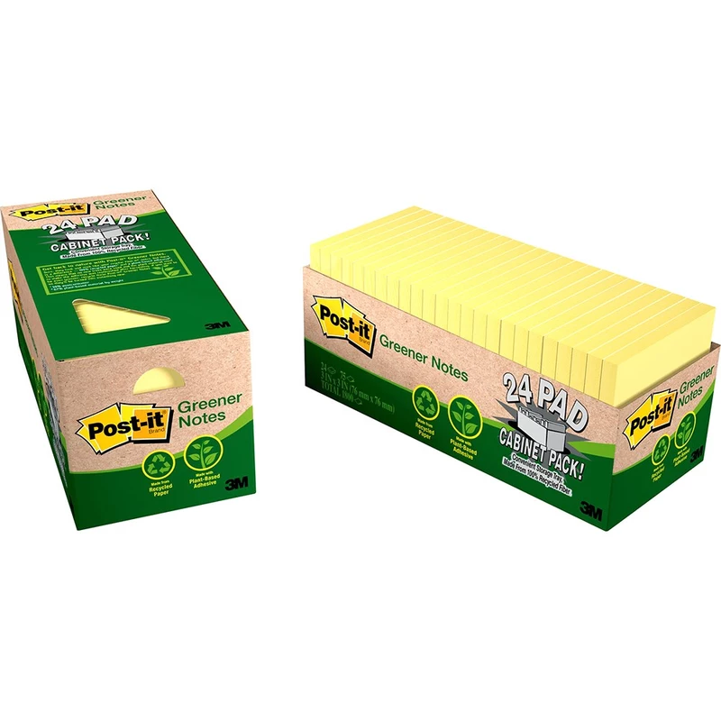 Post-It 654R-24CP-CY Notes 76x76mm Greener Recycled Cabinet Pack Yellow Pack of 24