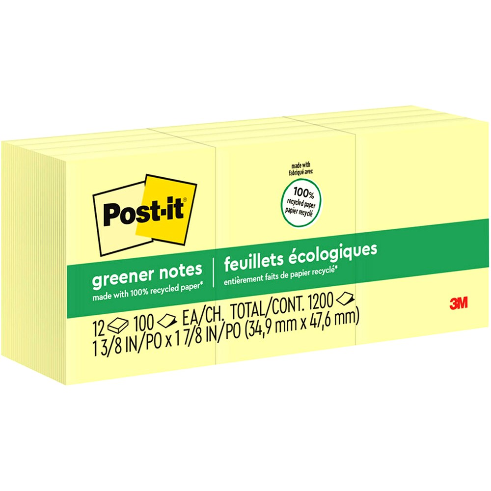 Post-It 653-RP Greener Notes 36x48mm Recycled Yellow Pack  of 12