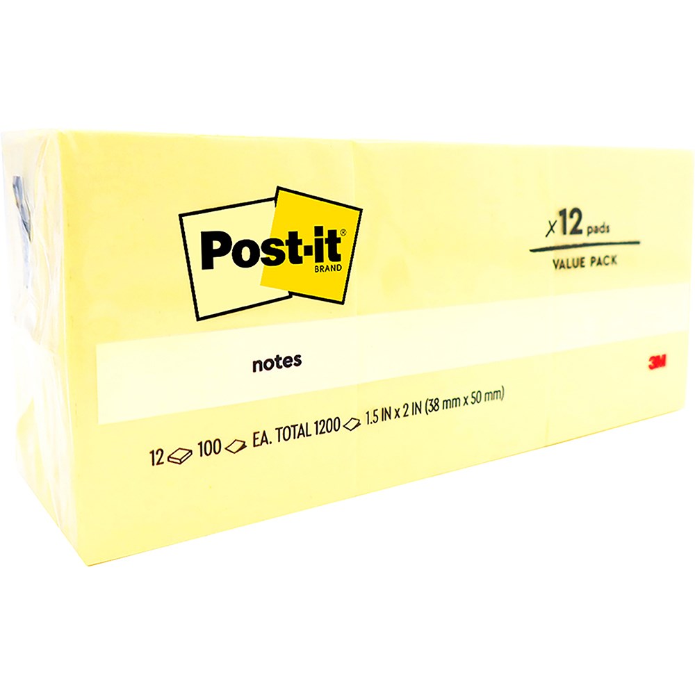Post-It 653 Notes Original 36x48mm Yellow Pad 100 Sheets Pack  of 12