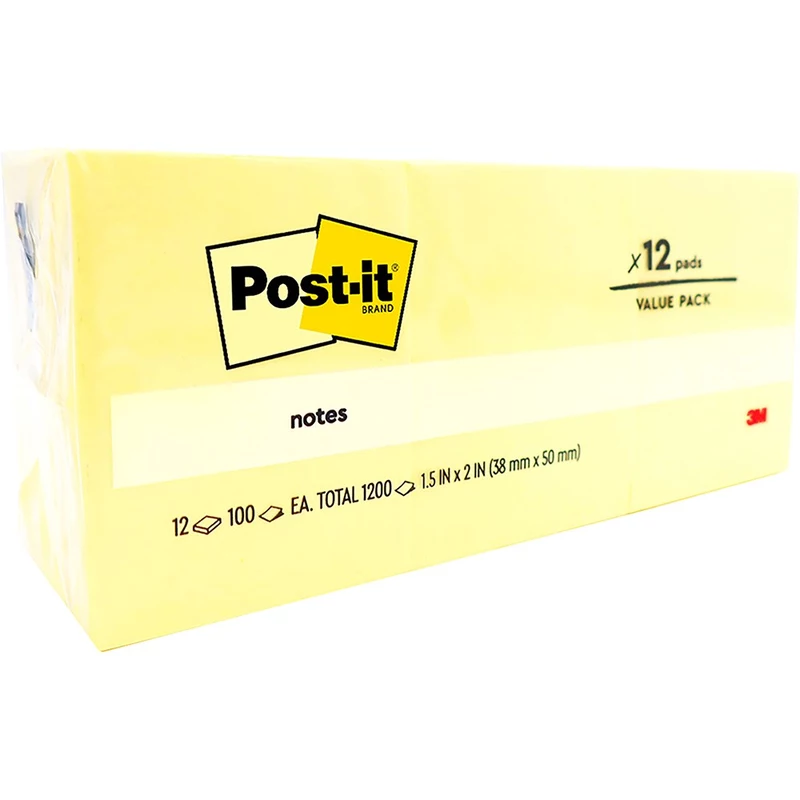Post-It 653 Notes Original 36x48mm Yellow Pad 100 Sheets Pack of 12