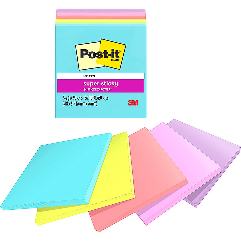 Post-It 654-5SSMIA Super Sticky Notes 76mmx76mm Supernova Neons Pack  of 5