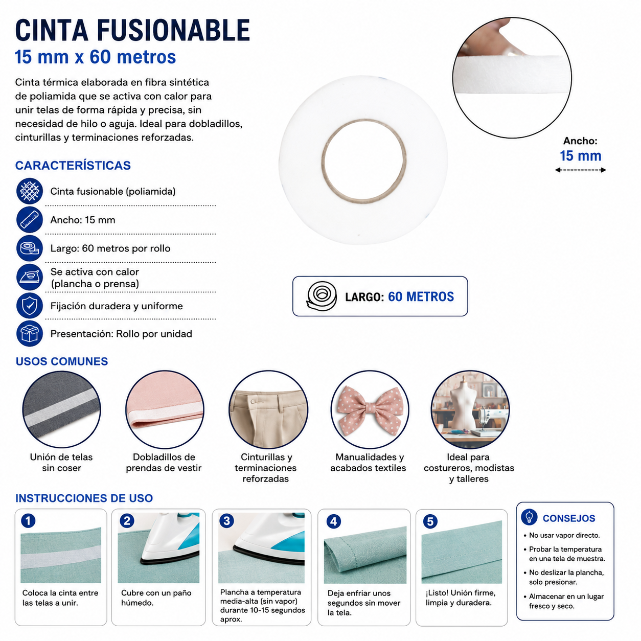 Cinta Fusionable (Polihamida) Rollo X 60 Metros Cinta Fusionable (Polihamida) Rollo X 60 Metros