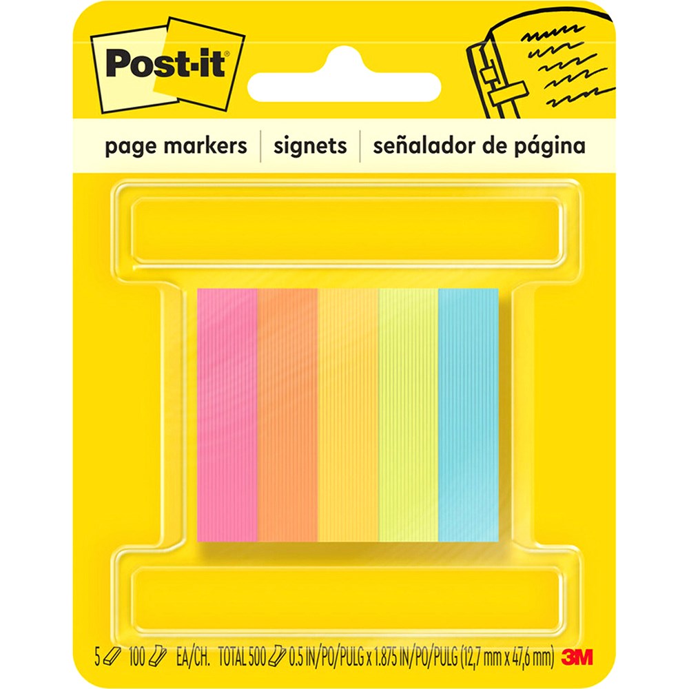 Post-It 670-5AN Page Markers 12x44mm Neon Assorted 100 Sheet Pad Pack  of 5