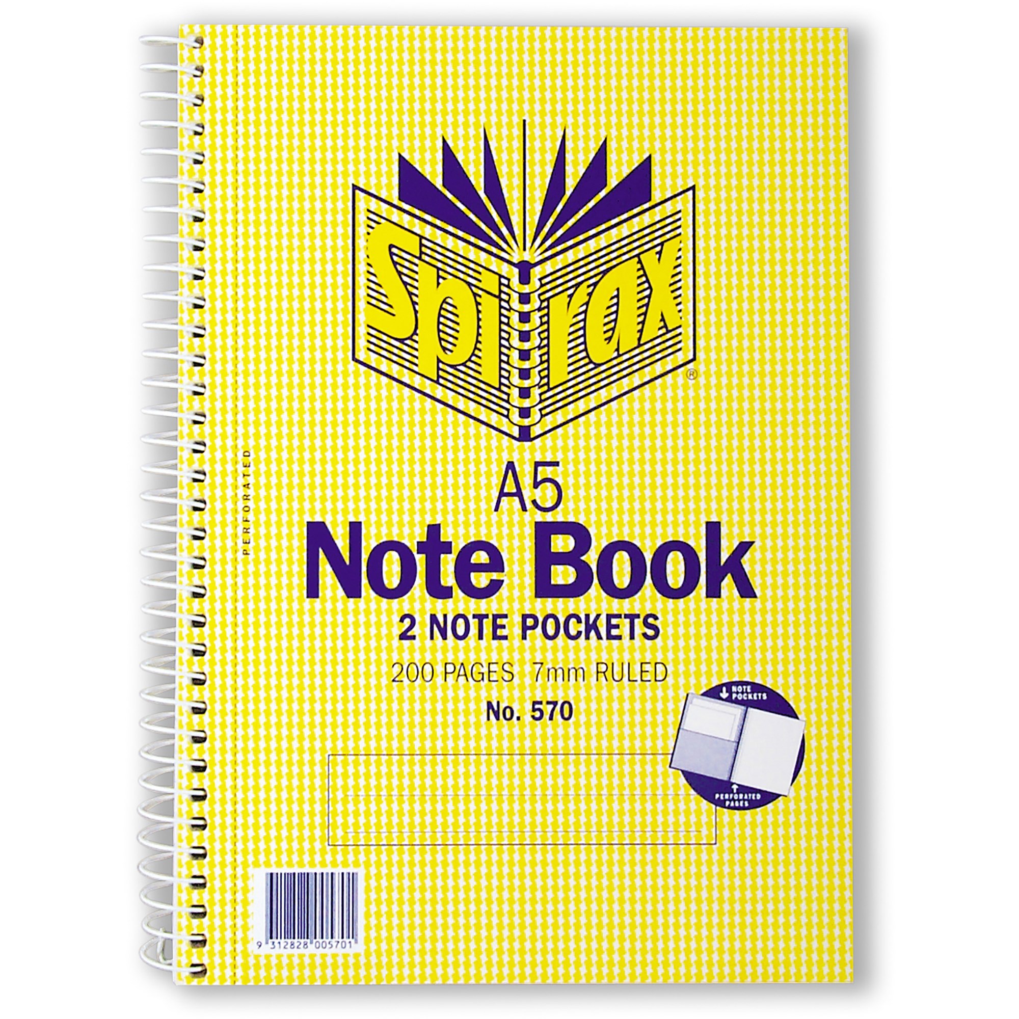 Spirax 570 Notebook Perforated With Note Pockets A5 Ruled 200 Page Side Opening