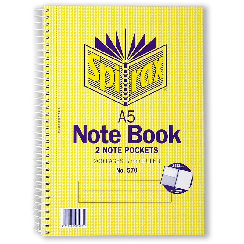 Spirax 570 Notebook Perforated With Note Pockets A5 Ruled 200 Page Side Opening